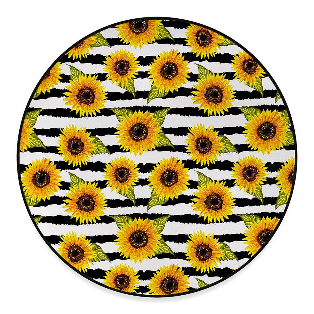 Sunflower Striped Pattern Print Round Floor Mat
