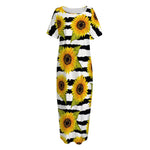 Sunflower Striped Pattern Print Short Sleeve Long Nightdress