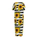 Sunflower Striped Pattern Print Short Sleeve Long Nightdress