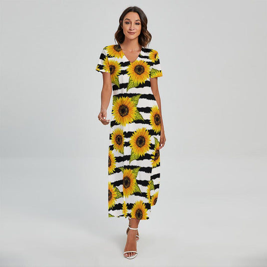 Sunflower Striped Pattern Print Short Sleeve Maxi Dress