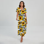 Sunflower Striped Pattern Print Short Sleeve Maxi Dress