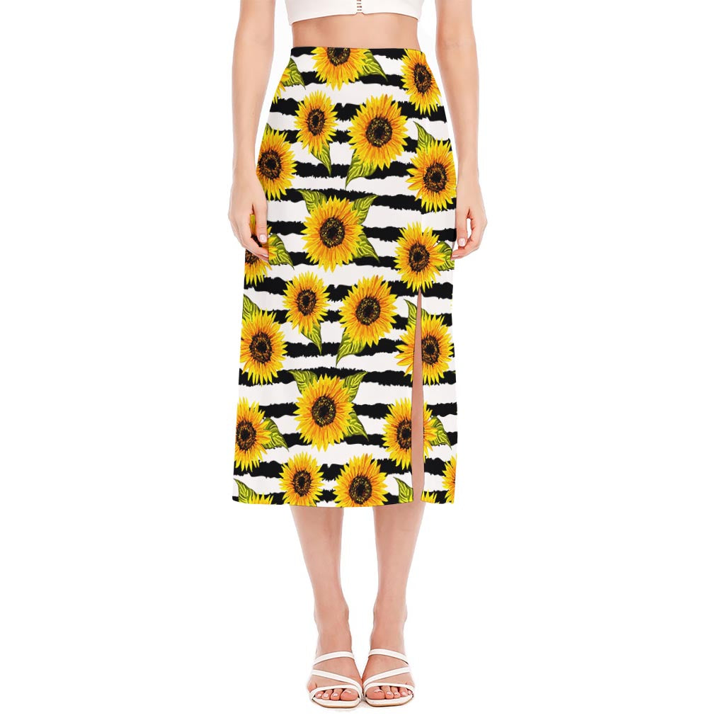 Sunflower Striped Pattern Print Side Slit Midi Skirt
