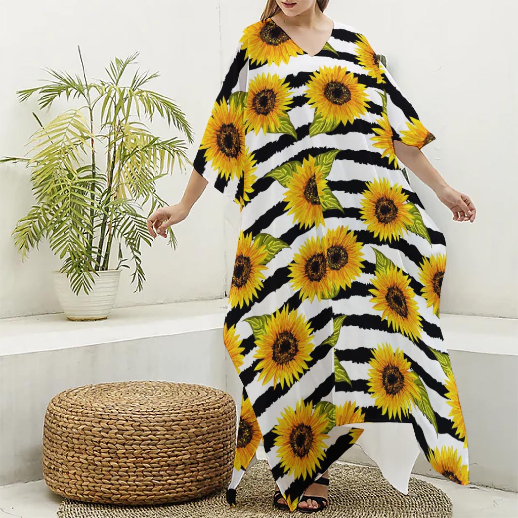 Sunflower Striped Pattern Print Silk V-Neck Kaftan Dress