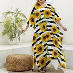 Sunflower Striped Pattern Print Silk V-Neck Kaftan Dress