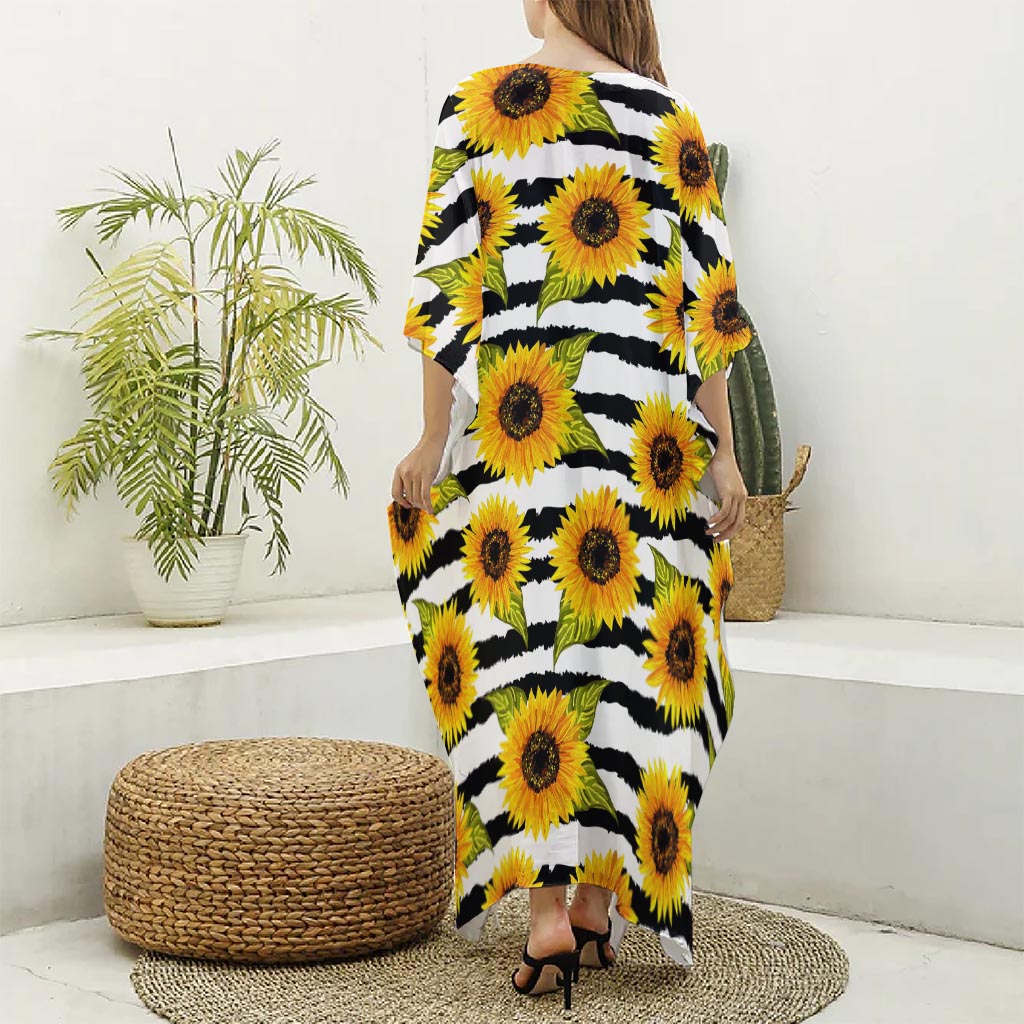 Sunflower Striped Pattern Print Silk V-Neck Kaftan Dress