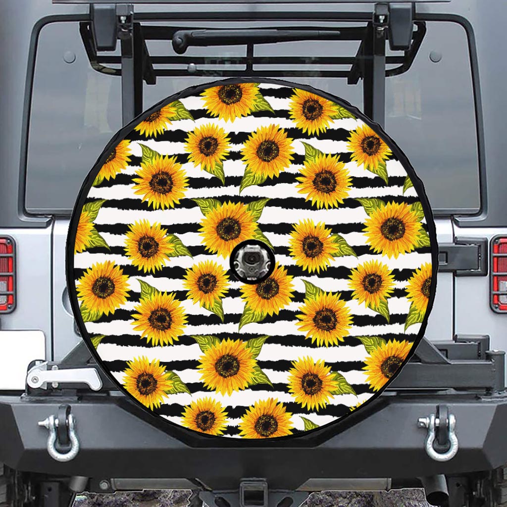 Sunflower Striped Pattern Print Tire Cover With Camera Hole