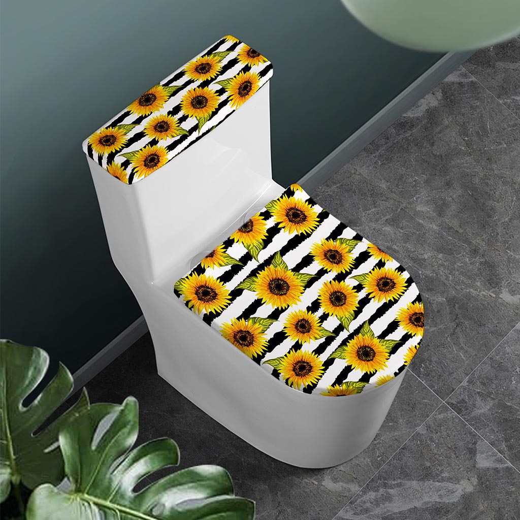 Sunflower Striped Pattern Print Toilet Lid And Tank Cover Set