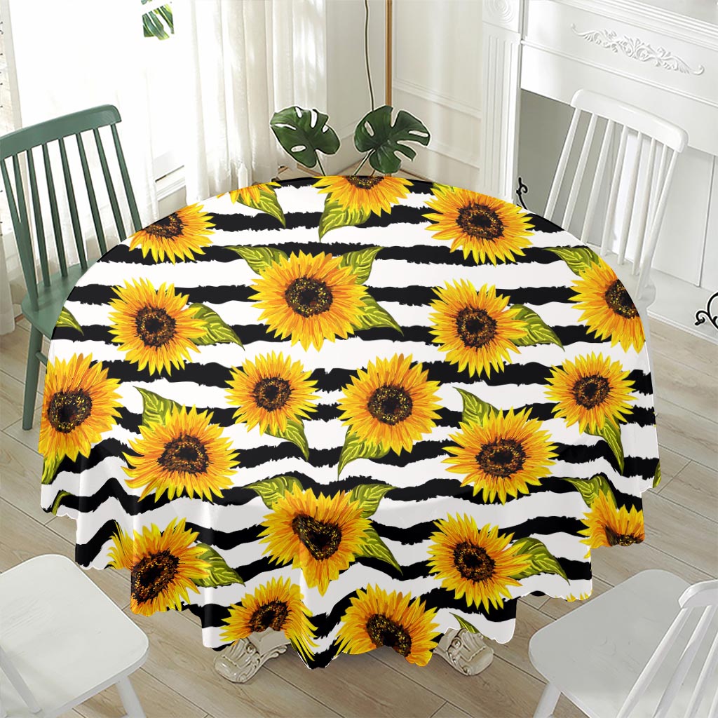 Sunflower Striped Pattern Print Waterproof Round Tablecloth