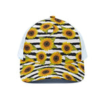 Sunflower Striped Pattern Print White Mesh Trucker Cap