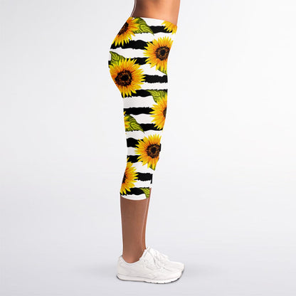 Sunflower Striped Pattern Print Women's Capri Leggings