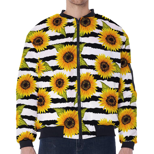 Sunflower Striped Pattern Print Zip Sleeve Bomber Jacket