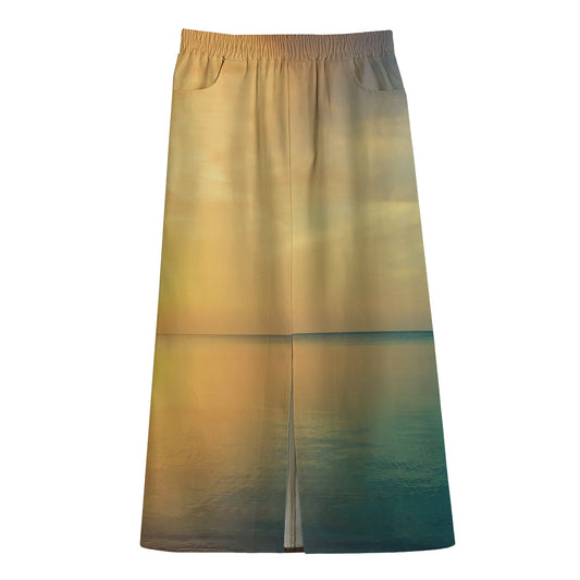 Sunrise Beach Print Cotton Front Slit Maxi Skirt
