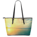 Sunrise Beach Print Leather Tote Bag With Zipper