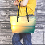 Sunrise Beach Print Leather Tote Bag