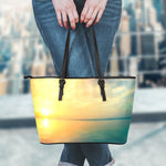 Sunrise Beach Print Leather Tote Bag