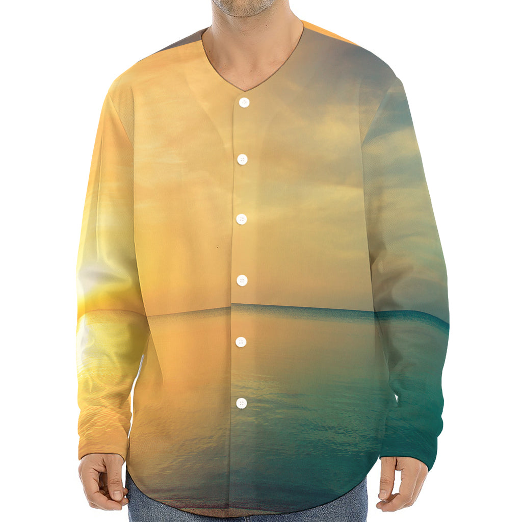 Sunrise Beach Print Long Sleeve Baseball Jersey