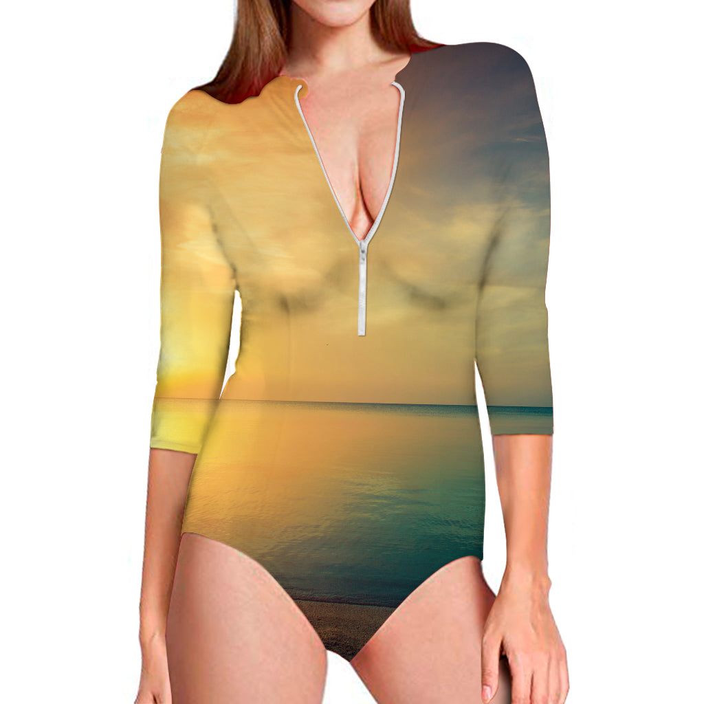 Sunrise Beach Print Long Sleeve Swimsuit