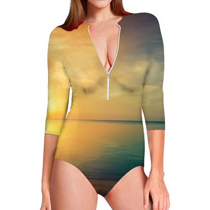 Sunrise Beach Print Long Sleeve Swimsuit
