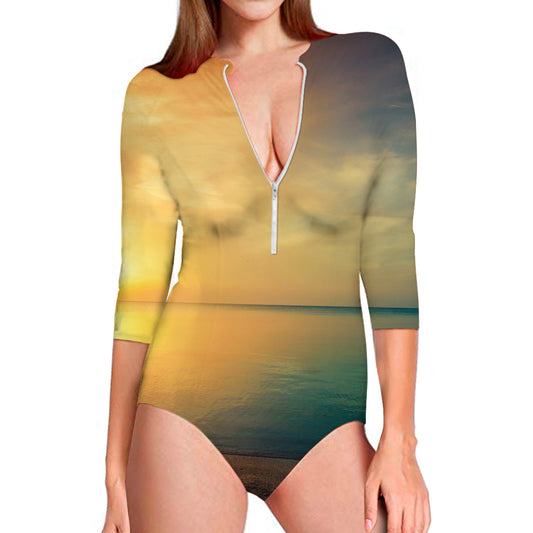 Sunrise Beach Print Long Sleeve Swimsuit