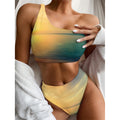Sunrise Beach Print One Shoulder Bikini Set