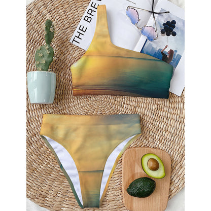 Sunrise Beach Print One Shoulder Bikini Top
