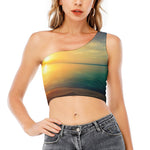 Sunrise Beach Print One Shoulder Crop Top