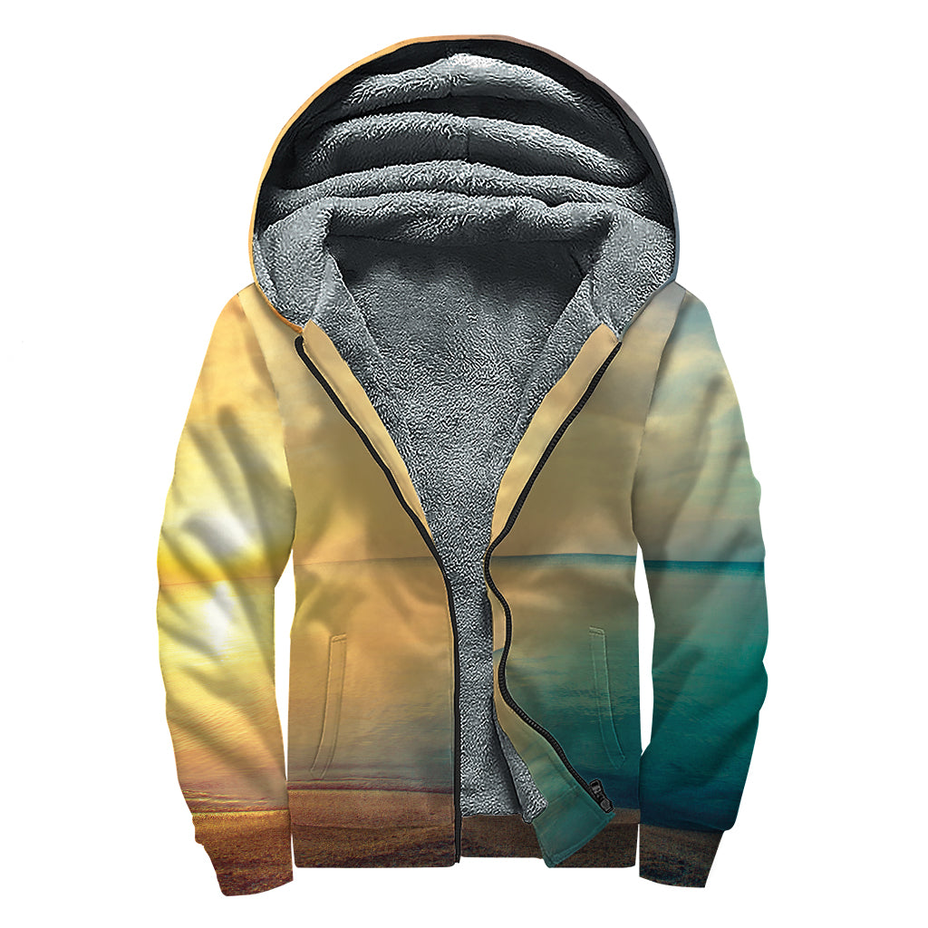 Sunrise Beach Print Sherpa Lined Zip Up Hoodie