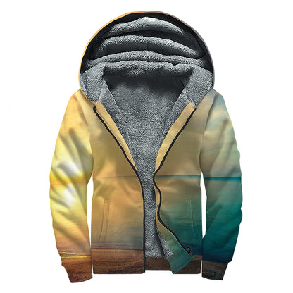 Sunrise Beach Print Sherpa Lined Zip Up Hoodie