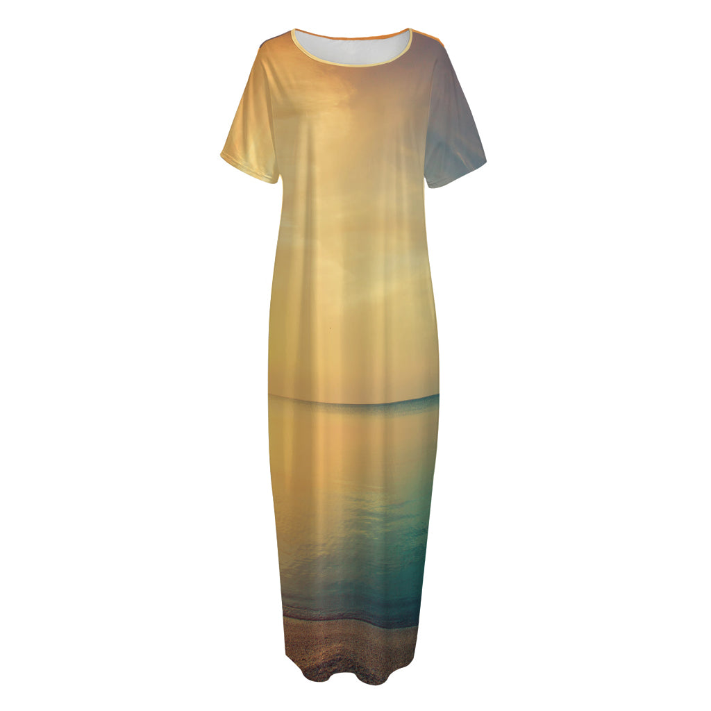 Sunrise Beach Print Short Sleeve Long Nightdress
