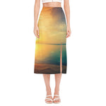 Sunrise Beach Print Side Slit Midi Skirt