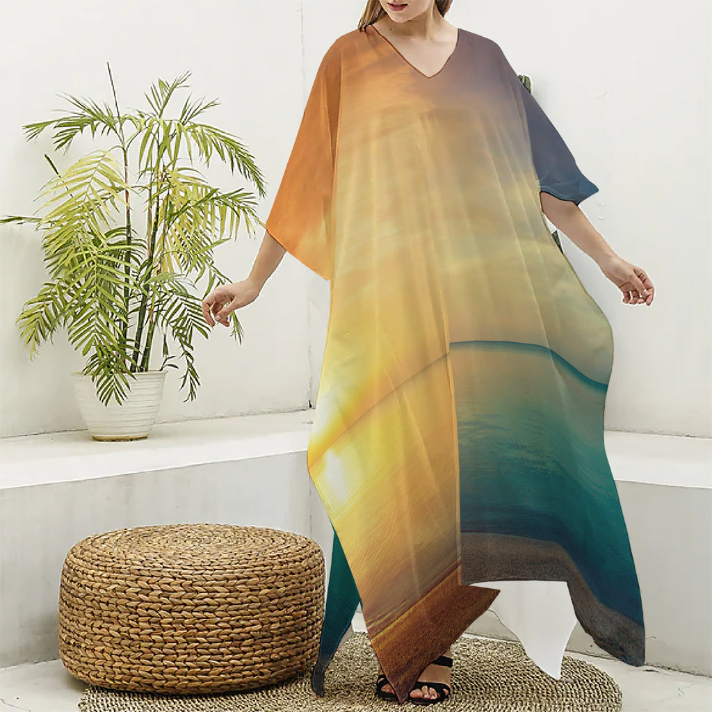 Sunrise Beach Print Silk V-Neck Kaftan Dress