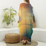Sunrise Beach Print Silk V-Neck Kaftan Dress