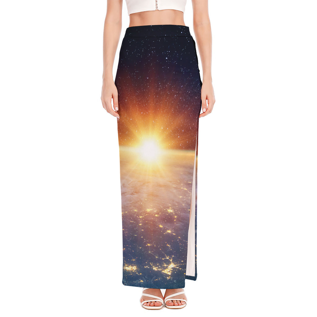 Sunrise Earth Print High Slit Maxi Skirt