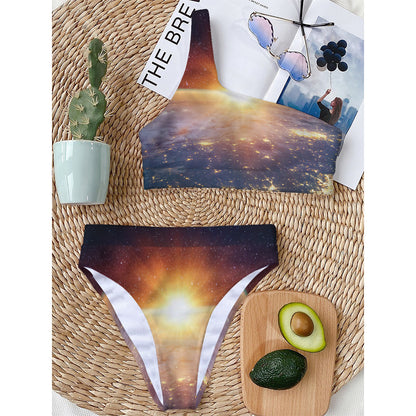 Sunrise Earth Print One Shoulder Bikini Top