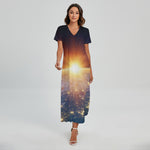 Sunrise Earth Print Short Sleeve Maxi Dress