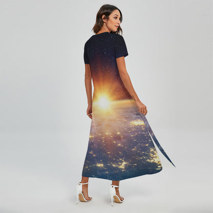 Sunrise Earth Print Short Sleeve Maxi Dress