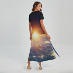 Sunrise Earth Print Short Sleeve Maxi Dress