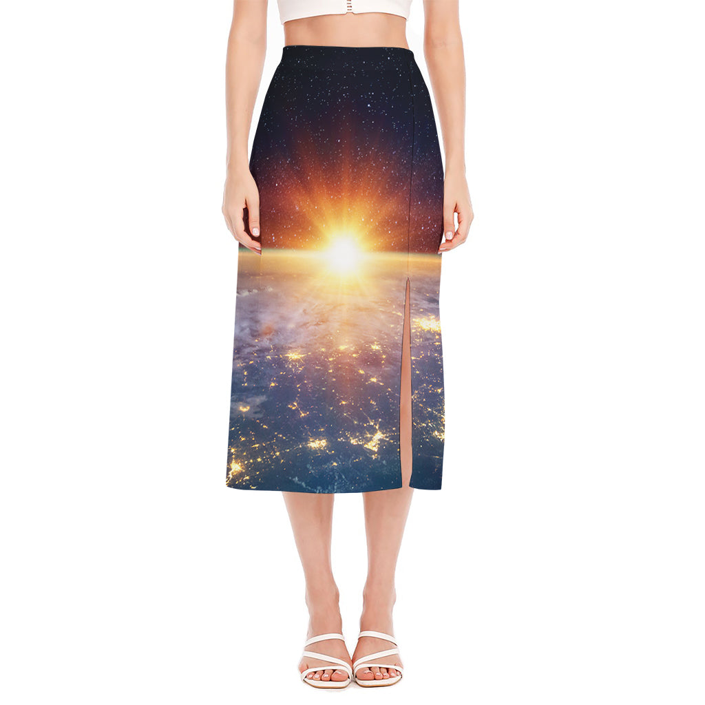 Sunrise Earth Print Side Slit Midi Skirt
