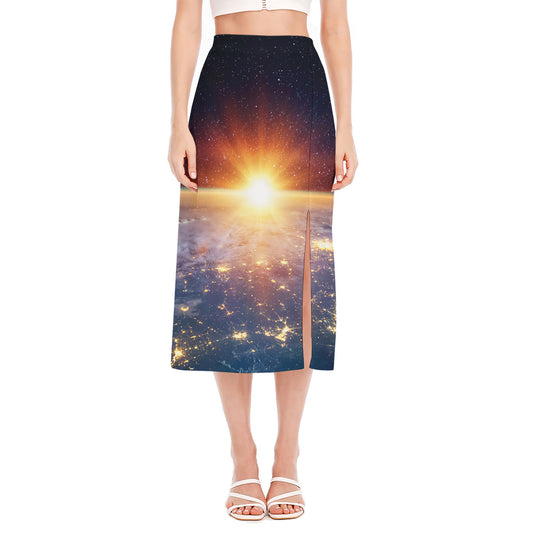 Sunrise Earth Print Side Slit Midi Skirt