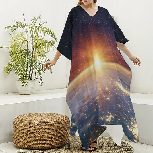 Sunrise Earth Print Silk V-Neck Kaftan Dress