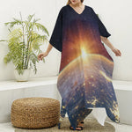 Sunrise Earth Print Silk V-Neck Kaftan Dress