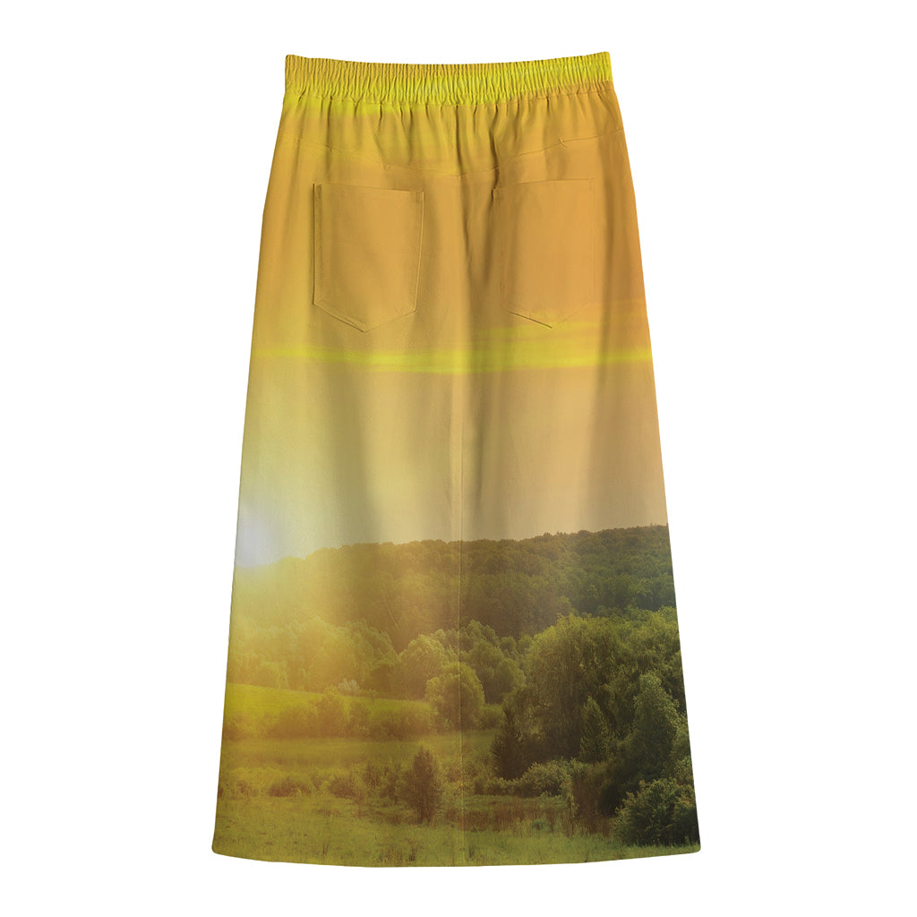 Sunrise Field Print Cotton Front Slit Maxi Skirt