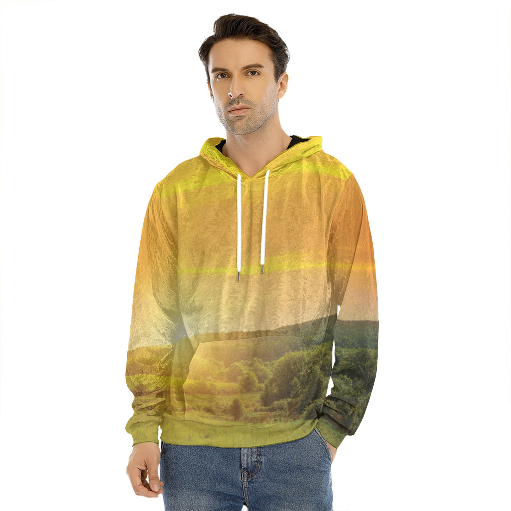Sunrise Field Print Men's Velvet Pullover Hoodie