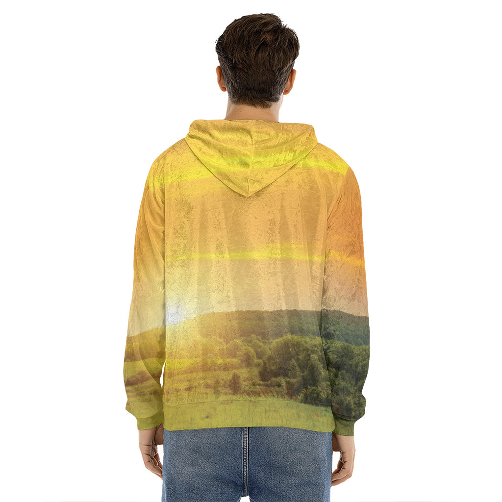 Sunrise Field Print Men's Velvet Pullover Hoodie