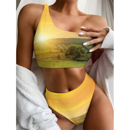 Sunrise Field Print One Shoulder Bikini Top