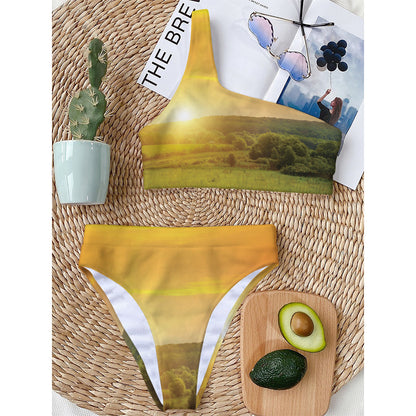 Sunrise Field Print One Shoulder Bikini Top