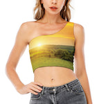Sunrise Field Print One Shoulder Crop Top