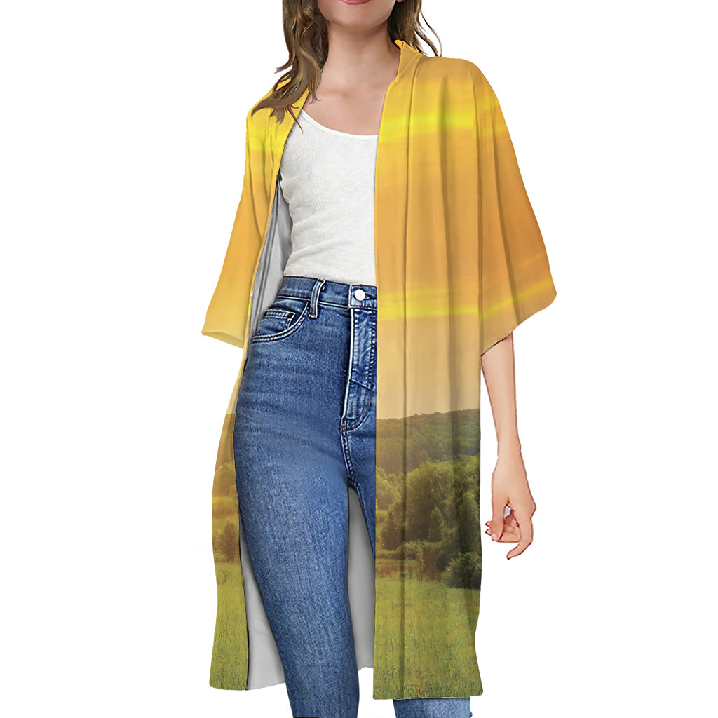 Sunrise Field Print Open Front Beach Cover Up
