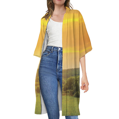Sunrise Field Print Open Front Beach Cover Up