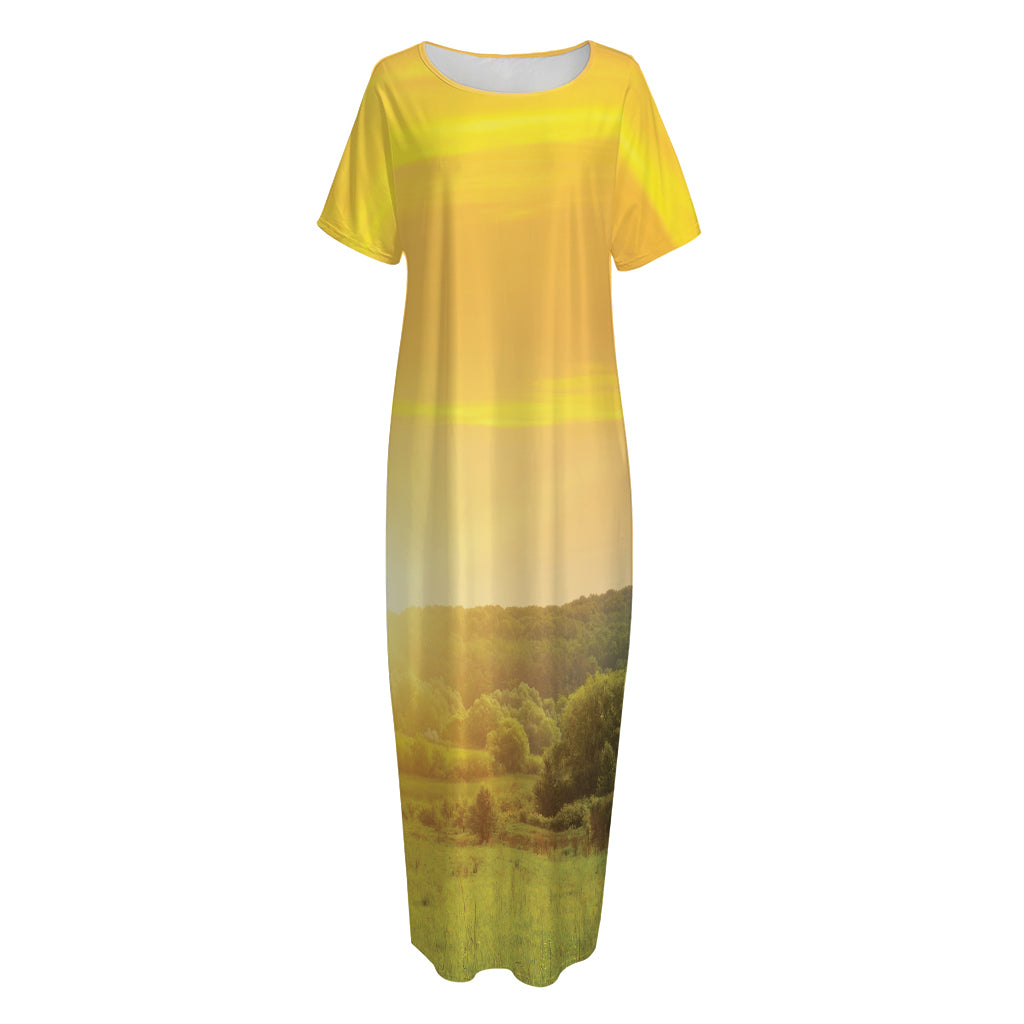 Sunrise Field Print Short Sleeve Long Nightdress